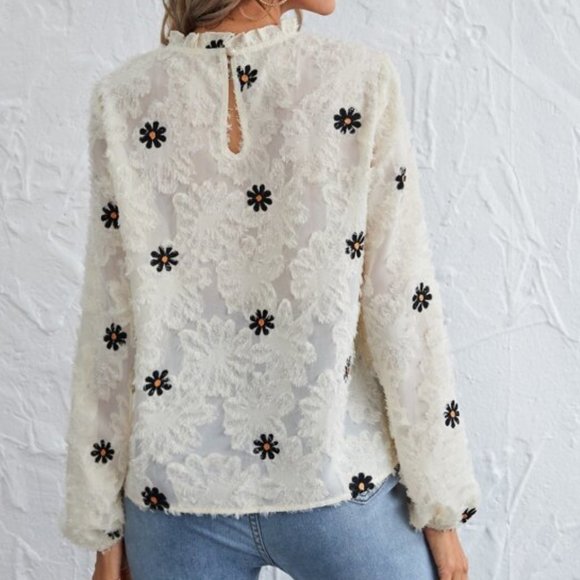 Embroidered Lacey Blouse with Floral Print - Picture 2 of 7